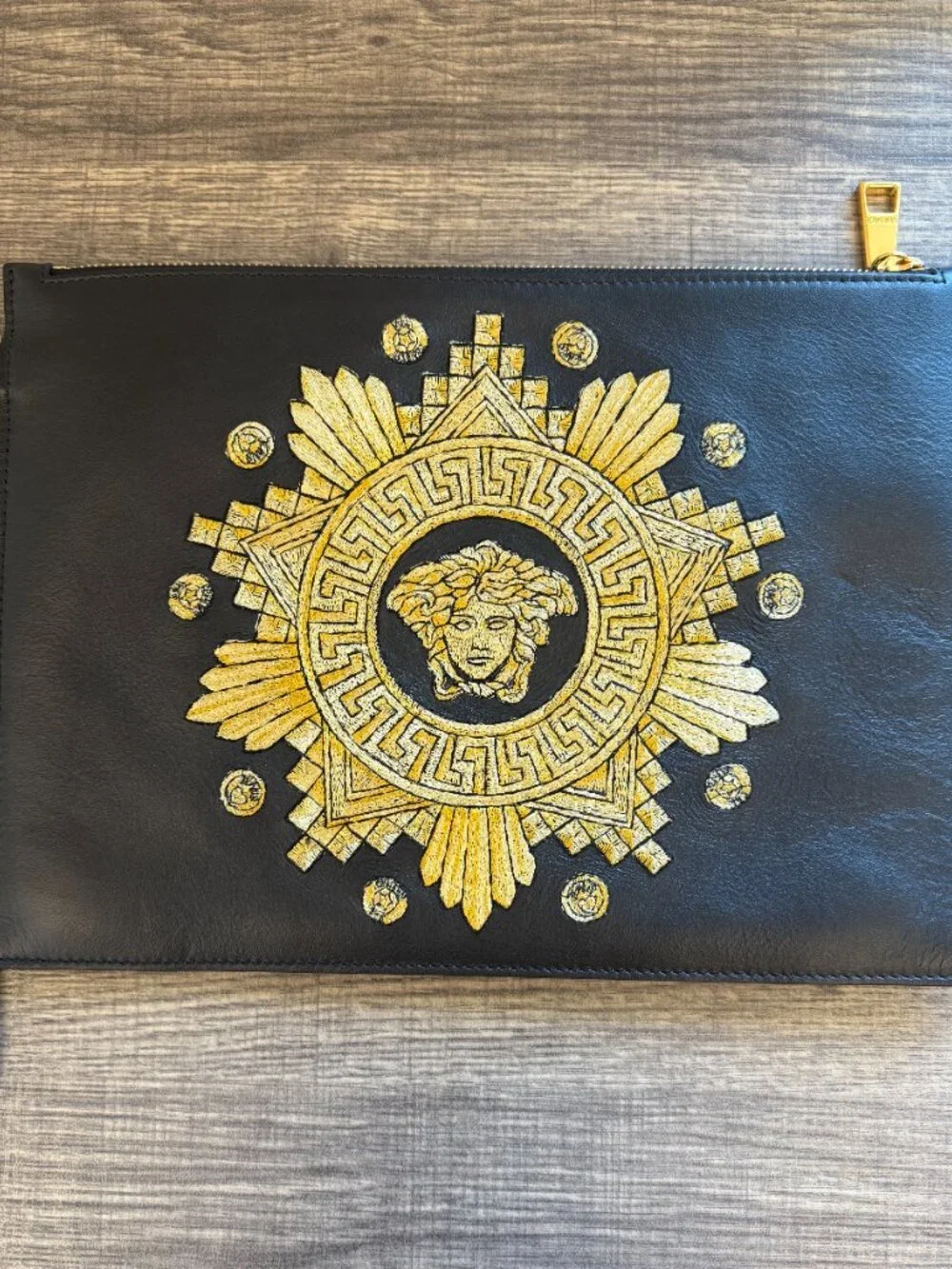 Versace Medusa Embroidered Leather Clutch Bag